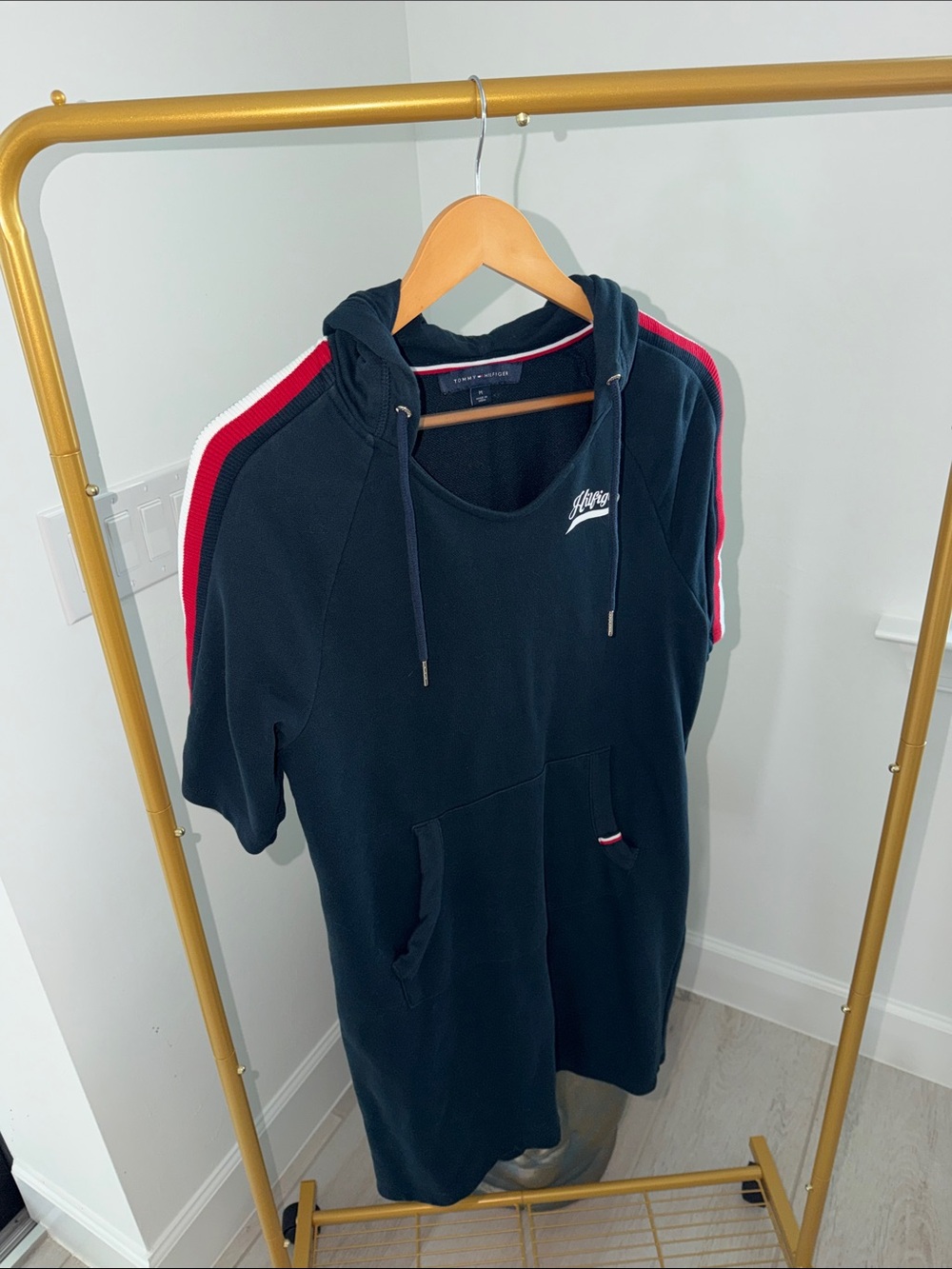 Tommy Hilfiger Navy Hooded Short-Sleeve dress with Red & White Stripe Detail